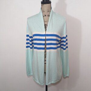 Talbots Women Mint Blue White Striped Cashmere Blend Open Front Cardigan Size M